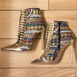 Full On Glam Gold Multicolored Sequined Stiletto Booties - Faux Lace Up - Sz 7